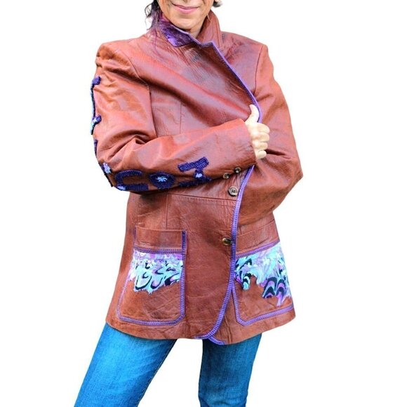 Vintage brown leather blazer; hand painted, purple, butterfly cowboy vibe sz XL